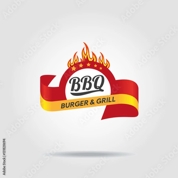 Fototapeta BBQ badge icon isolated concept. Freehand drawn logo sign template. Burger grill sticker. Round wreath shape frame with flame stars red ribbon emblem. Vector design idea of advertisement label symbol