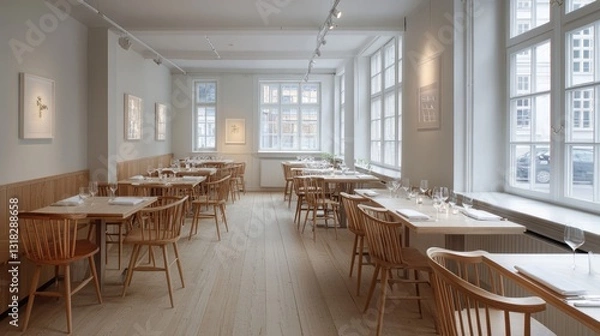 Fototapeta Warm and inviting Scandinavian dining space with clean lines, wooden accents, and a contemporary neutral theme.