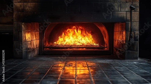 Fototapeta Fiery Heart of the Home: A Rustic Brick Fireplace