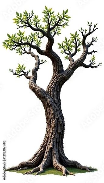 Fototapeta Isolated tree trunk with gnarled branches on white background, rugged, solitary, wood