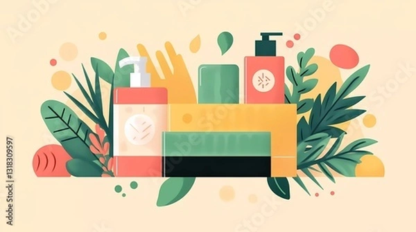 Fototapeta Flat illustration of World Hand Hygiene Day, featuring a creative layout of hygiene elements like soap bars, sanitizers, and clean hands, with a harmonious blend of vibrant and muted tones, modern and