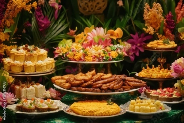 Obraz A vibrant display of assorted tropical desserts and pastries arranged elegantly on multiple tiers amidst a lush backdrop of colorful flowers and greenery, creating a festive atmosphere