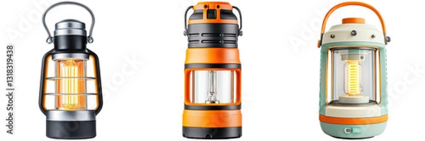 Fototapeta Three camping lanterns in different colors and styles. Concept of camping, outdoor, and lighting.