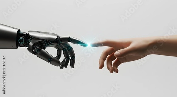 Fototapeta Robotic and human hands with light between