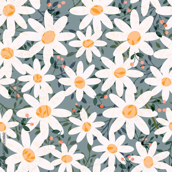 Obraz Retro style design Small white daisies and orange red berries on a grey background Summer floral pattern in minimalist style