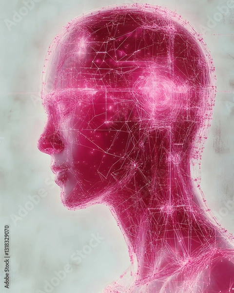 Fototapeta A stylized profile of a head and neck, rendered in translucent pink, with an intricate network of lines suggesting neural pathways or connections
