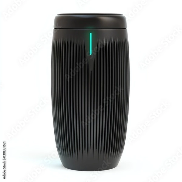Obraz A sleek black speaker with a modern design and ribbed texture. The subtle green indicator light adds a touch of sophistication, making it an appealing addition to any tech setup.