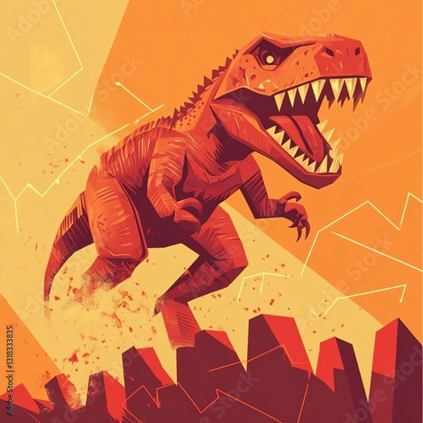 Fototapeta A vibrant illustration of a roaring Tyrannosaurus rex in a dramatic landscape, evoking a sense of prehistoric power.