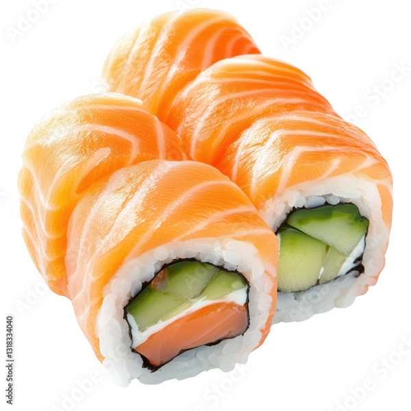 Fototapeta Sushi roll with salmon, avocado, crab and rice, decorated with black sesame seeds on a white or transparent background.