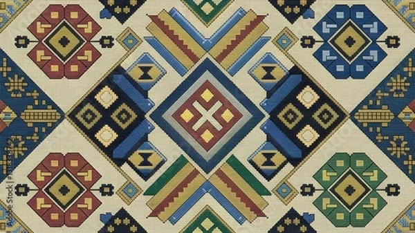 Fototapeta Vivid Cross Stitch Geometric Ethnic Pattern in Red, Blue, Yellow, and Green on Beige