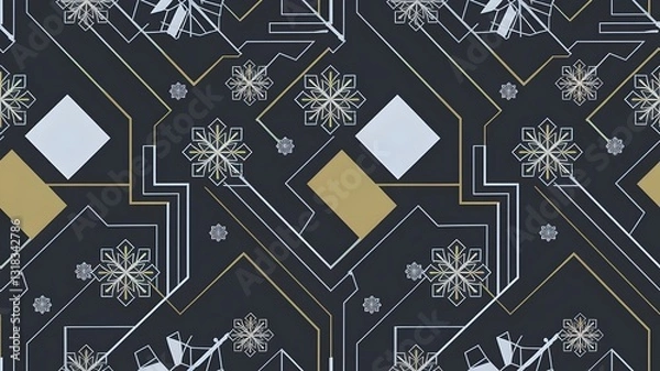 Fototapeta Golden Snowfall Abstract Geometric Pattern with Snowflakes and Line Art