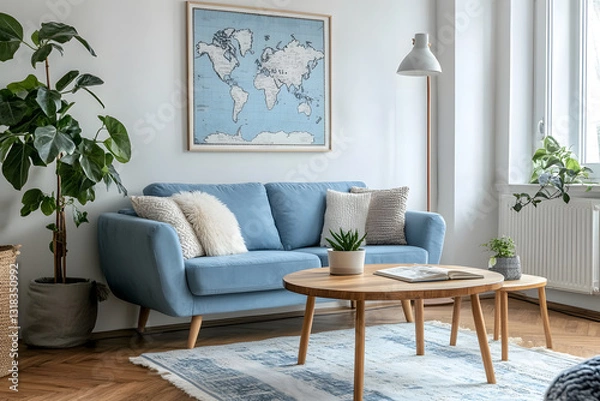 Fototapeta Elegant Modern Living Room with Blue Sofa and Gold Accents – Stylish Interior Design