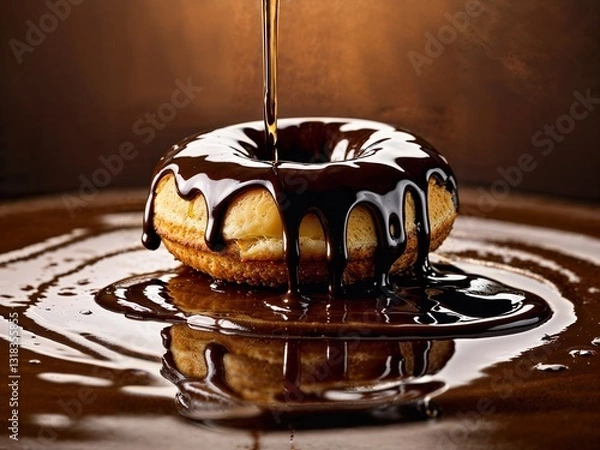 Fototapeta A fluffy donut drizzled with rich, glossy chocolate sauce. Generative AI.