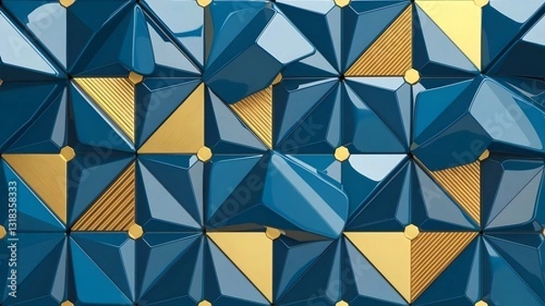 Fototapeta Golden Geometric Pattern Shiny Blue Ceramic Tiles in Abstract Design