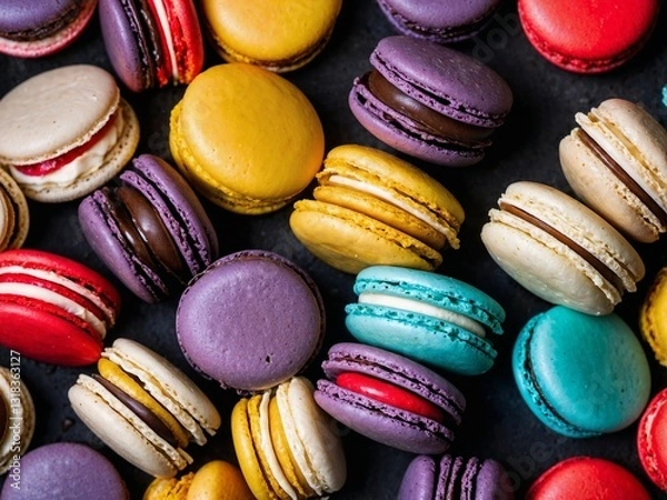 Fototapeta Macarons in yellow, teal, red, and purple. The delicate, crispy crust and cream between the layers provide visual interest. Generative AI.