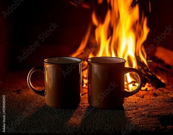 Fototapeta 焚き火のそばに置かれた２つのマグカップ