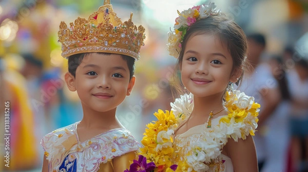 Fototapeta Santacruzan, Filipino religious procession, vibrant street parade, Reyna Elena and Emperor Constantine, traditional Filipino attire, colorful flower arches, ornate gowns and crowns