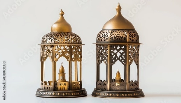 Fototapeta Pair of Ornate Gold Metal Lanterns on White Background