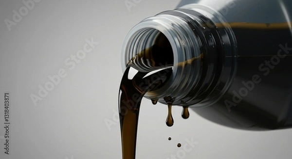 Fototapeta The neutral background enhances the close-up shot of a dark liquid being poured from a black plastic bottle into another with studio lighting