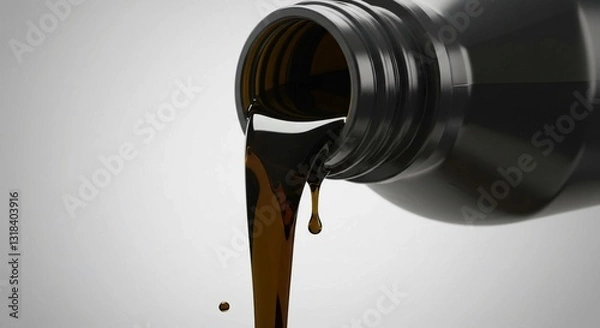 Fototapeta Studio lighting highlights the dark liquid being poured from a black plastic bottle into another in a close-up shot against a neutral background