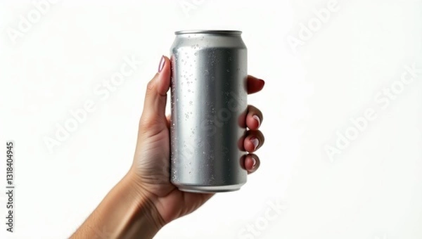 Fototapeta Close-up of a hand grasping an empty aluminum can featuring condensation. Isolated against a white background, front view.