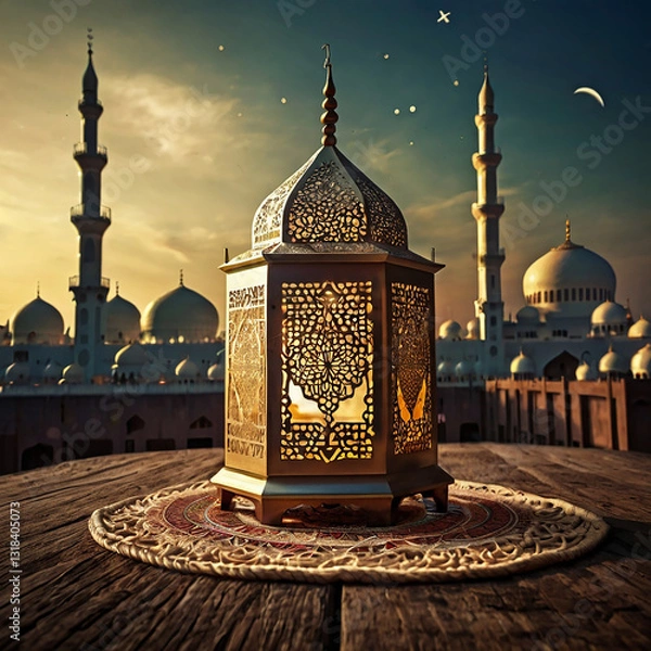 Obraz Eid mubarak and ramadan kareem greetings with islamic lantern and mosque Eid al fitr background
