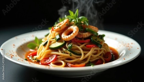 Fototapeta Dish of spicy rice vermicelli noodles garnished with tender squid and a colorful variety of vegetables on a black background.