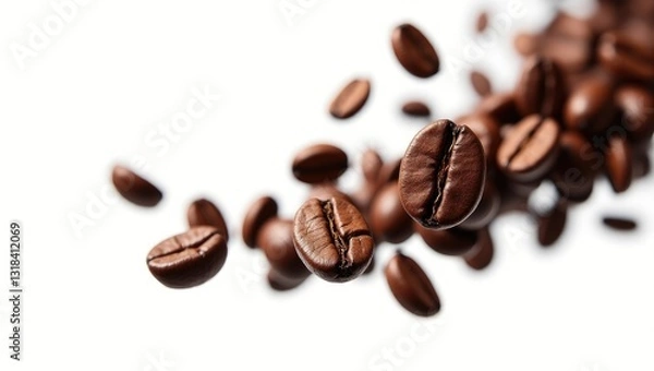 Fototapeta Coffee beans suspended in the air, isolated against a white background. Coffee beans in motion.