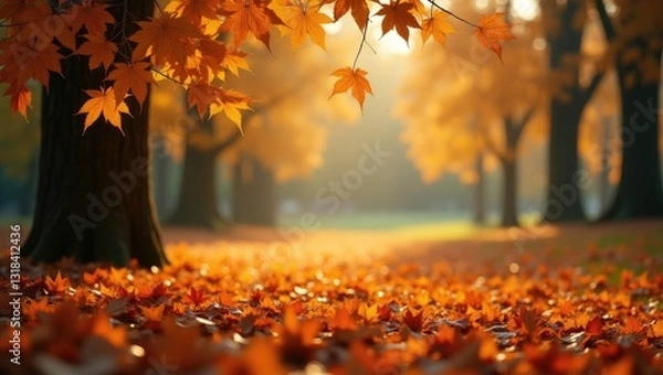 Obraz Sunny autumn day showcasing stunning orange fall foliage in the park. Ground blanketed in dry fallen leaves illuminated by bright sunlight. Autumn landscape featuring maple trees and sun. Natural b...