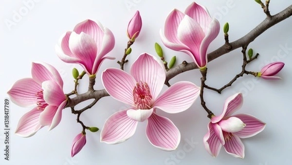 Fototapeta Gorgeous pink magnolia flowers of spring on a tree branch isolated on white