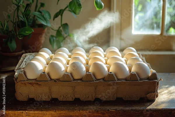 Obraz Close-up details of a fresh eggs resting on a smooth marble countertop with soft natural light..