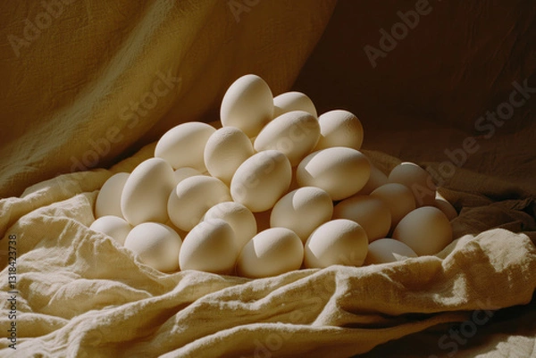 Obraz Close-up details of a fresh eggs resting on a smooth marble countertop with soft natural light..