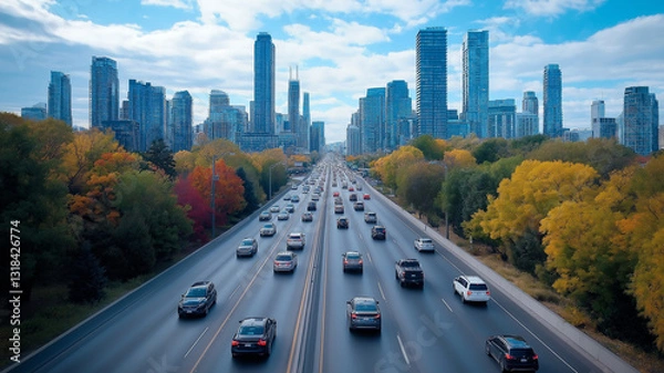 Fototapeta City skyline with traffic on busy highway surrounded by trees