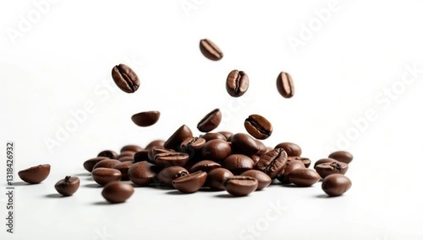 Fototapeta Falling coffee beans placed on a white background