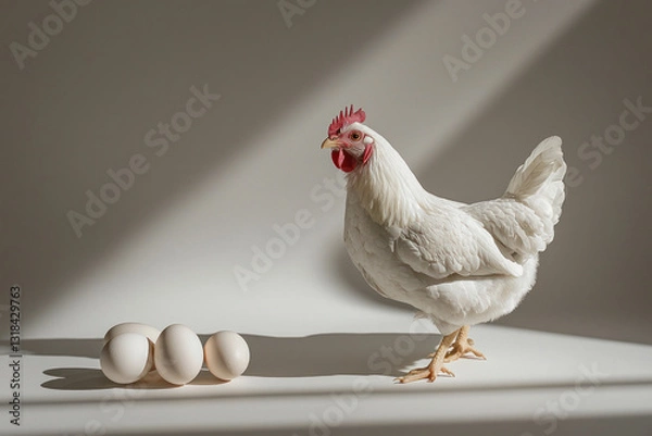 Obraz Close-up details of a chicken standing near fresh eggs on a bright white background with soft sunlight.
