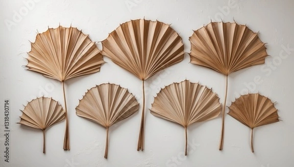 Fototapeta Dried palm leaves on a white background. Close-up of fan-shaped dried tropical palm tree leaves. Natural backdrop. Front view. Space for text.