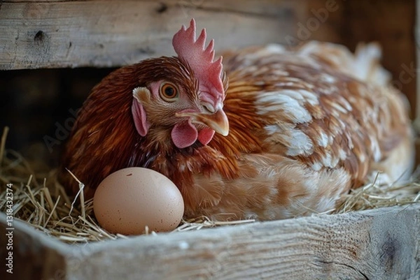 Obraz Wide view of a chicken coop where fresh eggs sit beside a resting chicken in a warm nest.