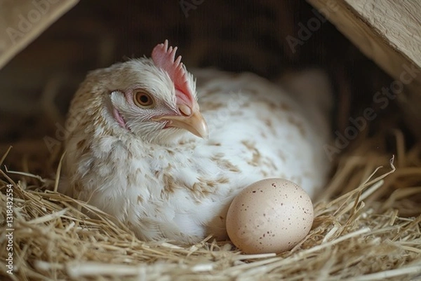 Obraz Wide view of a chicken coop where fresh eggs sit beside a resting chicken in a warm nest.