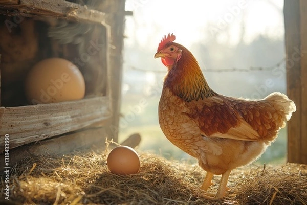 Fototapeta Wide view of a chicken coop where fresh eggs sit beside a resting chicken in a warm nest.