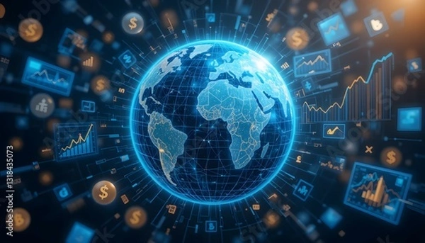 Fototapeta A dynamic digital illustration of a globe surrounded by floating economic graphs. Creative and Futuristic Economic Growth Illustration