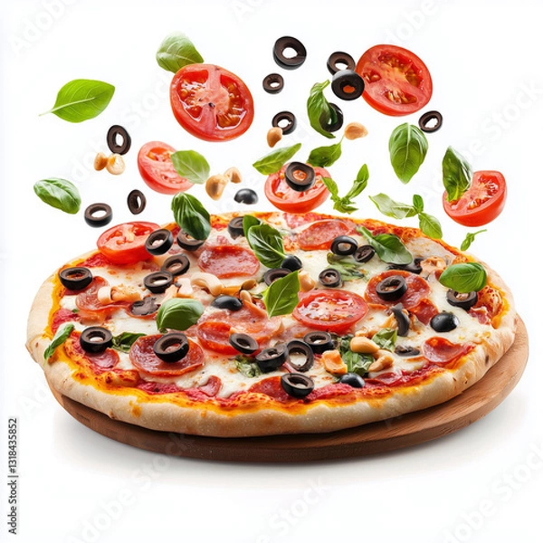 Fototapeta italian pizza, floating ingredients on top falling, isolated on white background