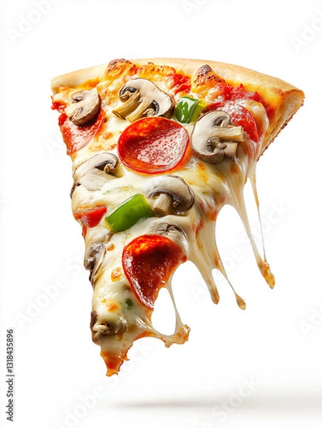 Fototapeta A freshly baked pizza slice with bubbling cheese, pepperoni, and herbs, isolated on a white background,