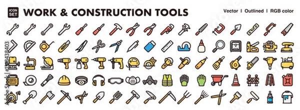Fototapeta Work and construction tools illustration icon set.Simple vector outlines, clipart for graphic design.
