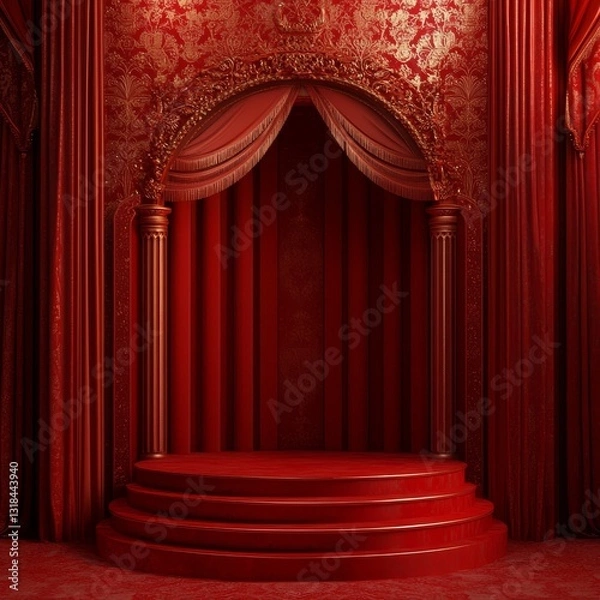 Fototapeta red velvet curtain and golden podium made in 3d with clipping path