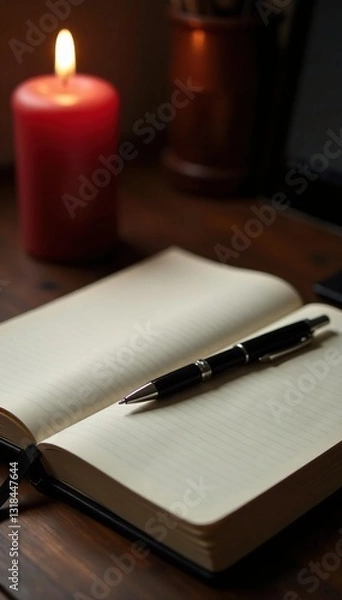 Fototapeta Journal and pen on a desk with a candle flame, pen, warm, journal