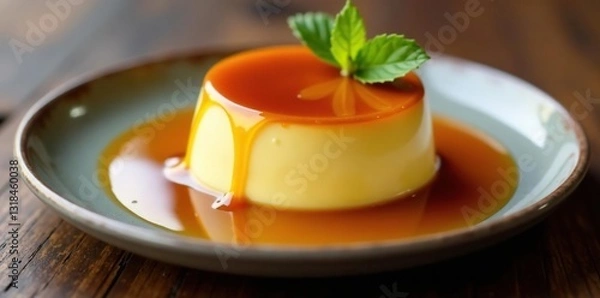 Fototapeta Creamy flan with caramel sauce drizzled over the top on a metal tray, sauce, dessert topping, flan