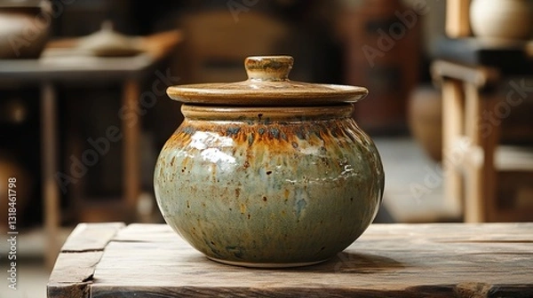 Fototapeta Rustic Ceramic Jar with Lid: Handmade Pottery