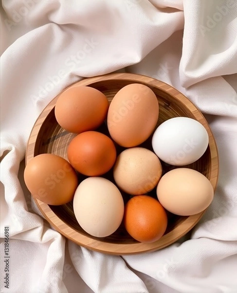 Fototapeta Chicken eggs in a wooden bowl, natural colors and different textures, on light fabric