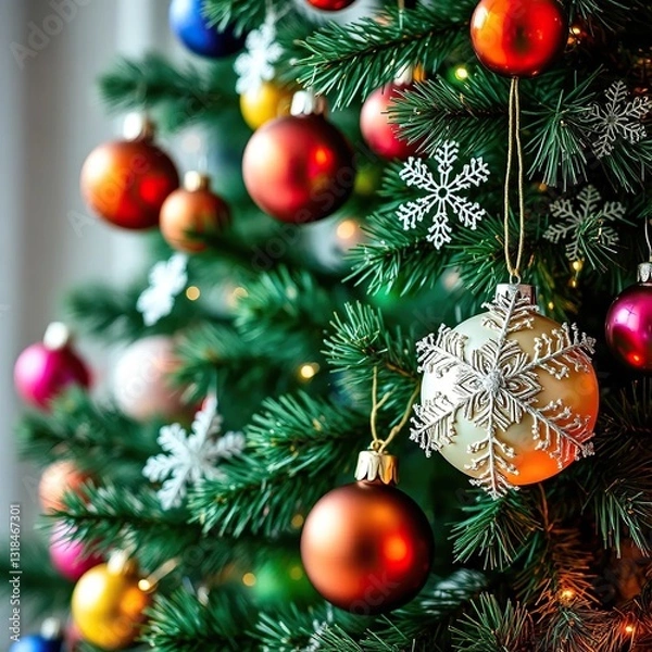 Fototapeta Decorated Christmas tree with multicolored ornaments and snowflakes, colored balls, tree ornaments