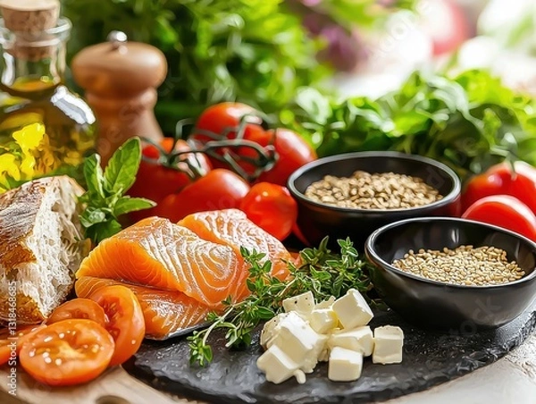 Fototapeta Healthy Food For Balanced Flexitarian Mediterranean Diet: Organic Salmon And Green Vegetable Based Nourishment Concept